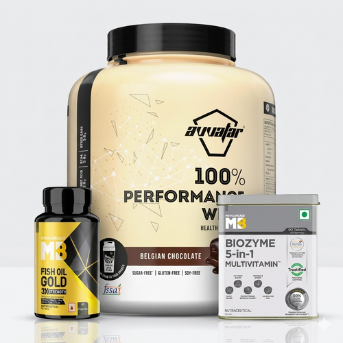 AVVATAR Performance Whey + Muscleblaze [ Multivitamin + Omega Triple strength [ 60 Tablets]] 24gram