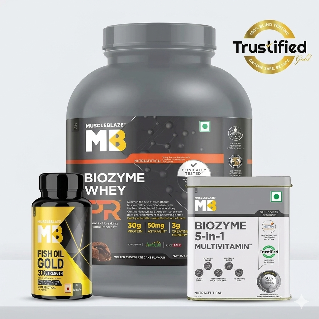MuscleBlaze Biozyme Whey PR + Multivitamins [ 5 in 1 ] + Omega Triple Strength 24gram