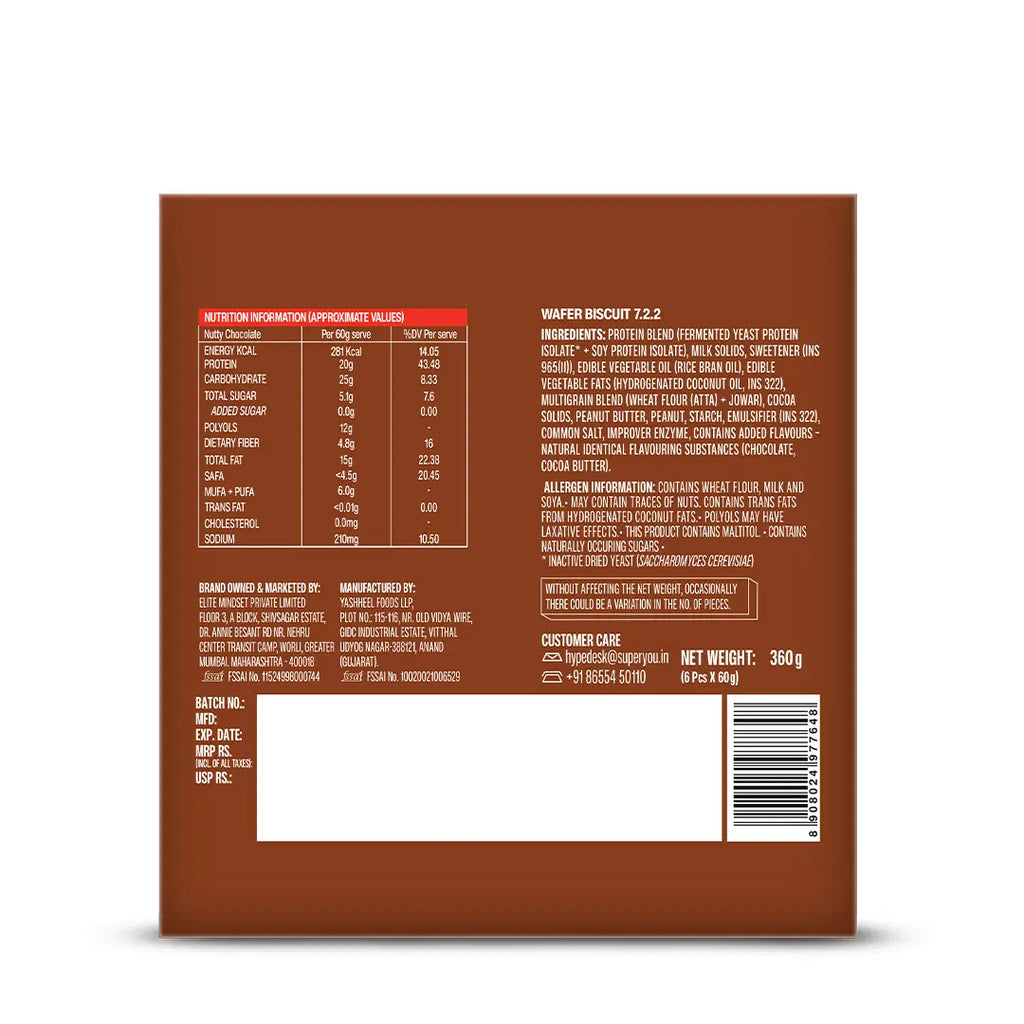 Superyou Nutty Chocolate Mega Protein Wafer Bar (Pack of 6) 20G Protein 24gram