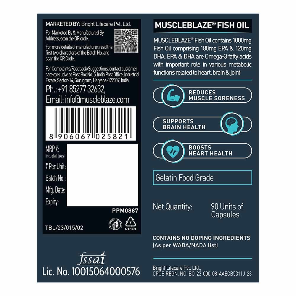 MuscleBlaze Omega 3 Fish Oil (1000 mg) with 180mg EPA and 120mg DHA 90 Tablets 24gram