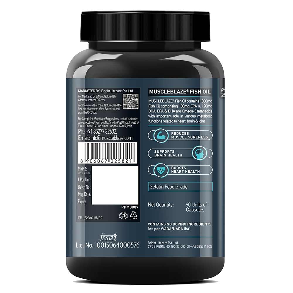 MuscleBlaze Omega 3 Fish Oil (1000 mg) with 180mg EPA and 120mg DHA 90 Tablets 24gram