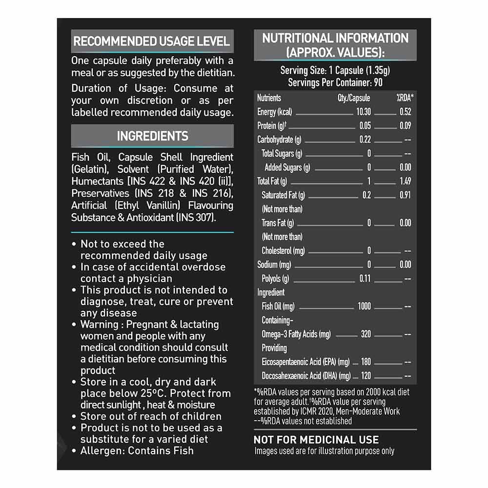 MuscleBlaze Omega 3 Fish Oil (1000 mg) with 180mg EPA and 120mg DHA 90 Tablets 24gram